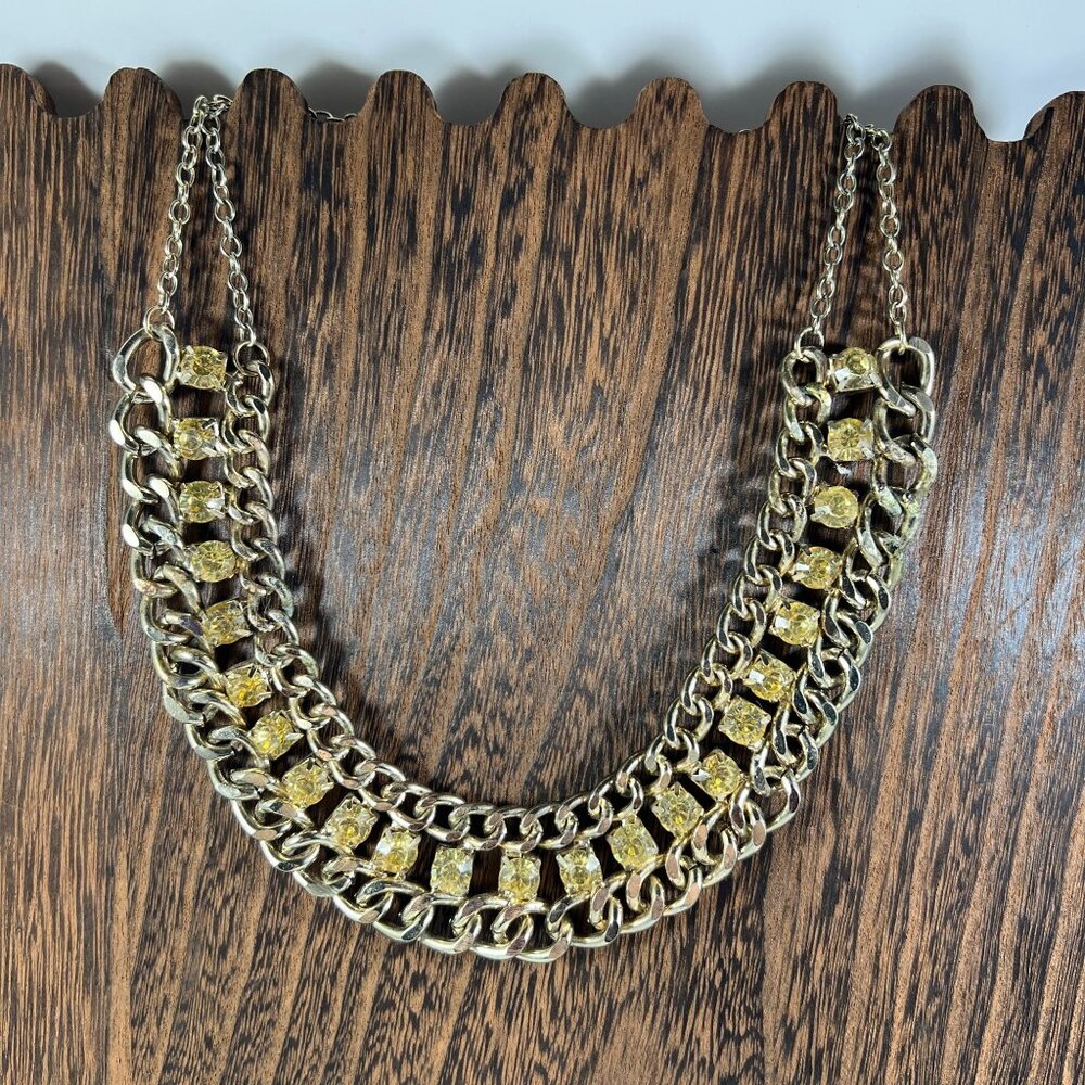 Gold-Tone Chunky Chain Necklace With Yellow Rhinestones & Lobster Clasp